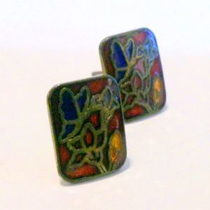 Vintage Red Butterfly and Flower Cloisonne Stud Earrings